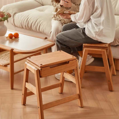 Retro Solid Wood Stackable Storage Low Stool with Footrest