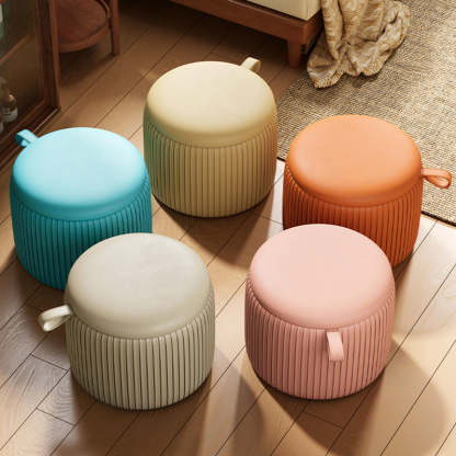 Contemporary Fabric Round Pouf Low Stool — Yellow