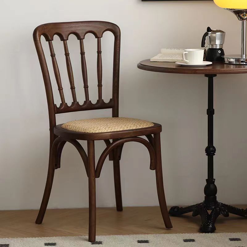 Retro Rattan Weaving Wood Dining Chair — Walnut Color Solid Wood Seat