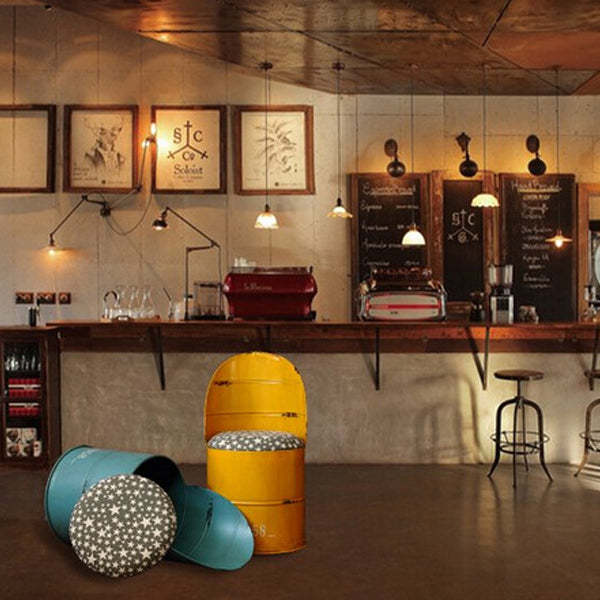 Distressed Iron Bucket Arc Back Bar Stool — Yellow
