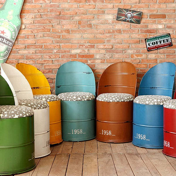 Distressed Iron Bucket Arc Back Bar Stool — Green