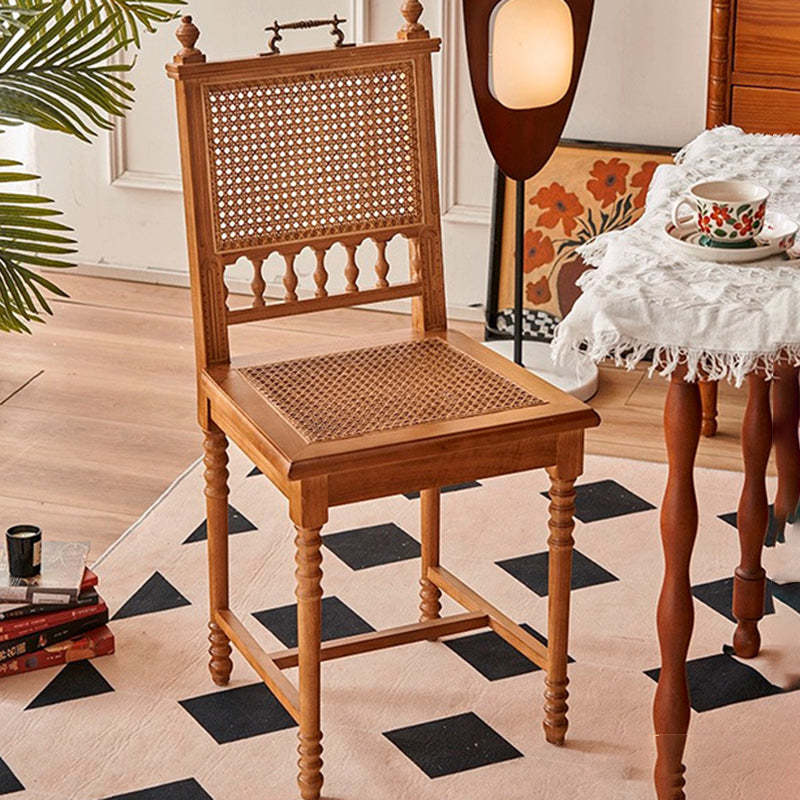 French Wood Rattan Dining Chair — Wood Color Rattan Seat