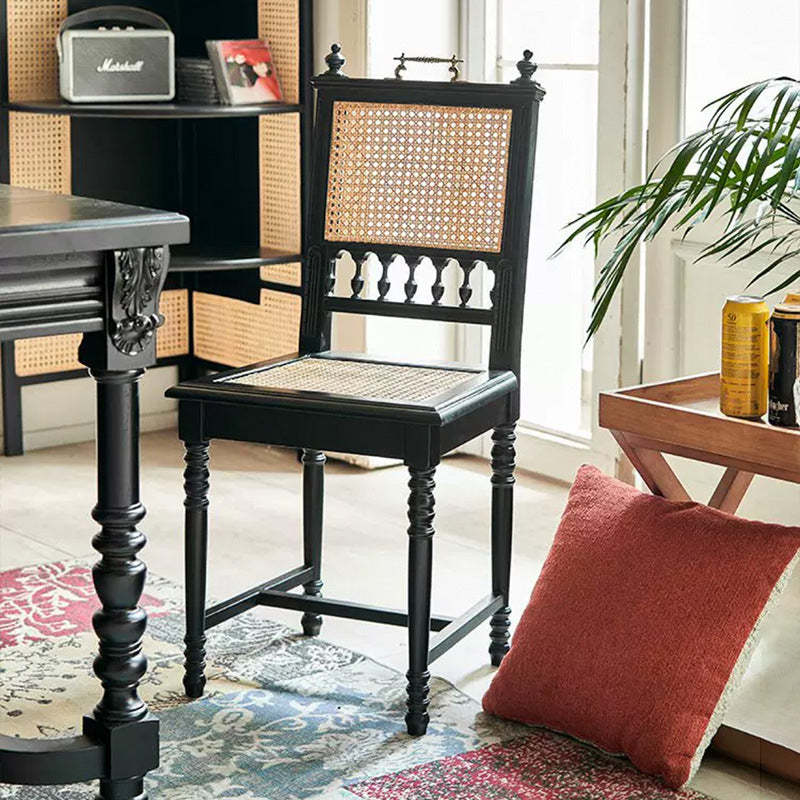 French Wood Rattan Dining Chair — Black Rattan Seat