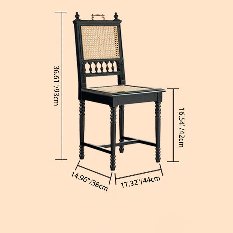 French Wood Rattan Dining Chair — Black Solid Wood Seat