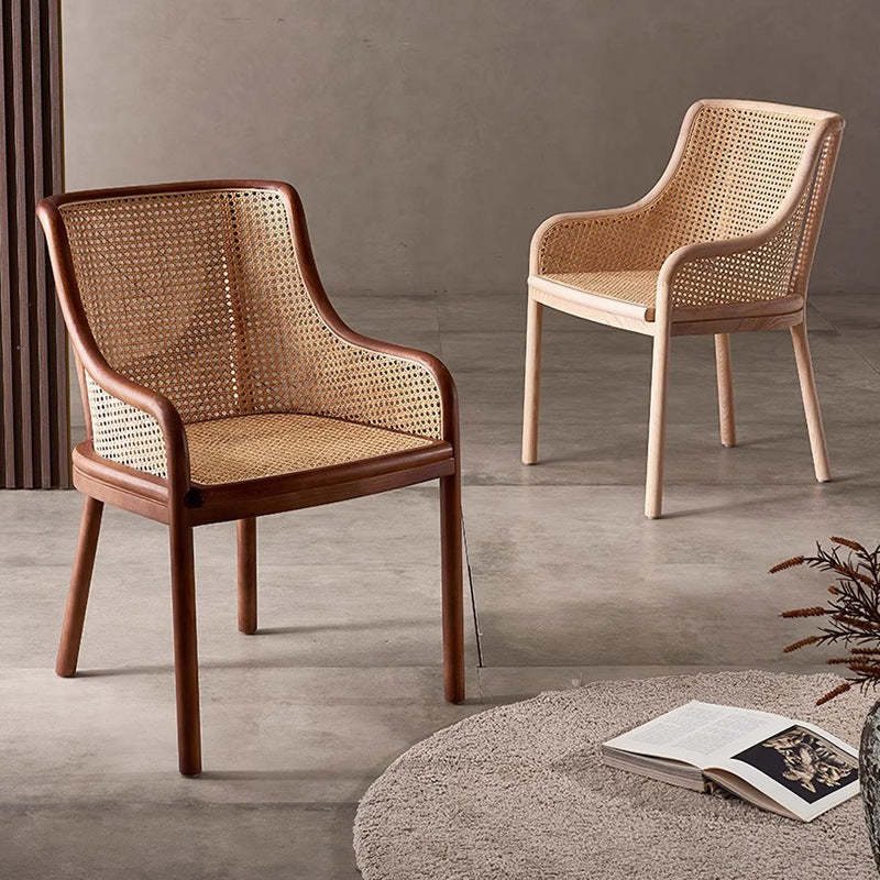 Retro Rattan Wood Curved Arm Dining Chair