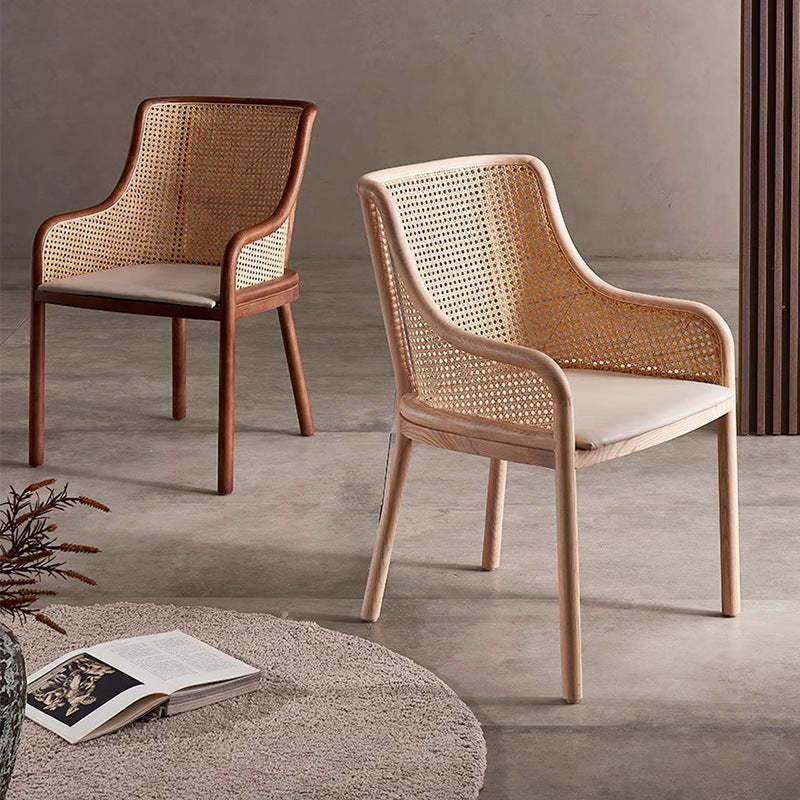 Retro Rattan Wood Curved Arm Dining Chair — Original Wood Color / Rattan Seat