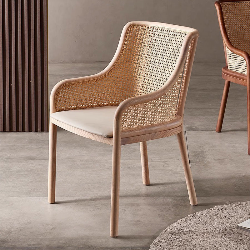 Retro Rattan Wood Curved Arm Dining Chair — Walnut Wood Color / Rattan Seat