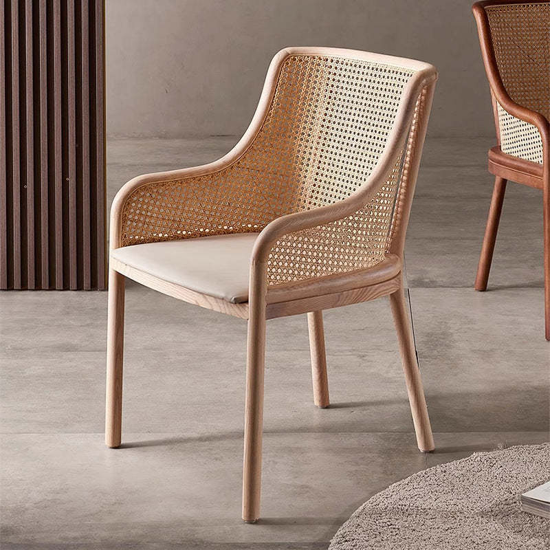 Retro Rattan Wood Curved Arm Dining Chair — Walnut Wood Color / Rattan Seat