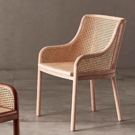 Retro Rattan Wood Curved Arm Dining Chair