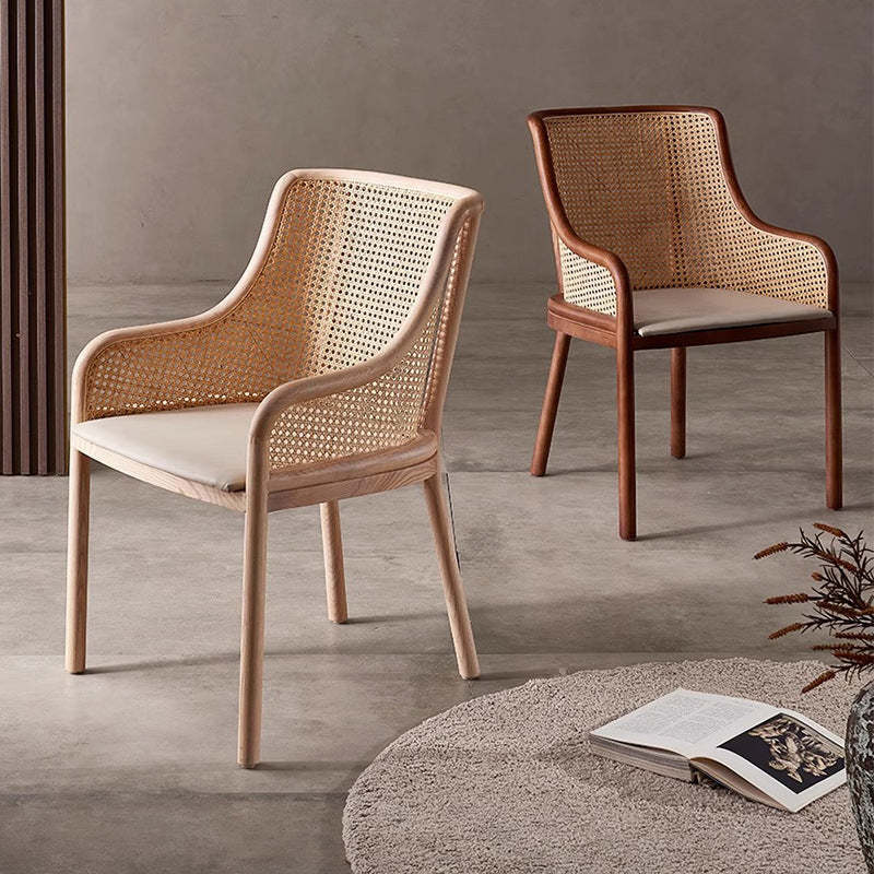 Retro Rattan Wood Curved Arm Dining Chair