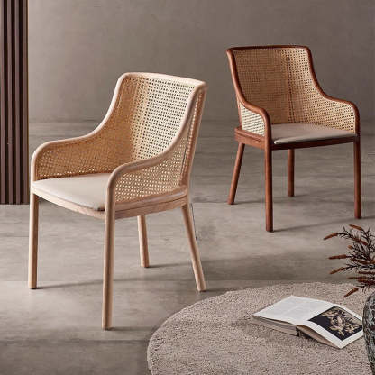 Retro Rattan Wood Curved Arm Dining Chair