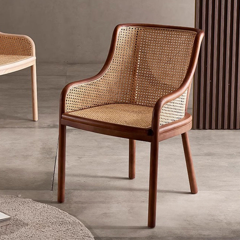 Retro Rattan Wood Curved Arm Dining Chair — Original Wood Color / Fabric Upholstered Seat