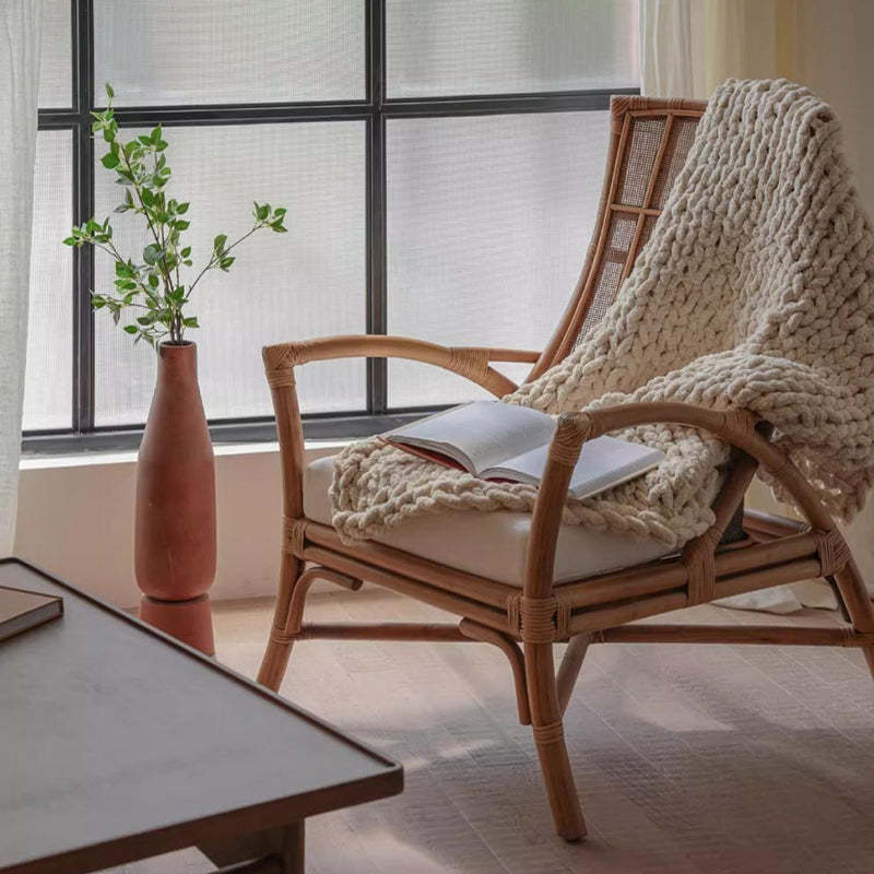 Retro Rattan Wood Arc Arm Lounge Chair