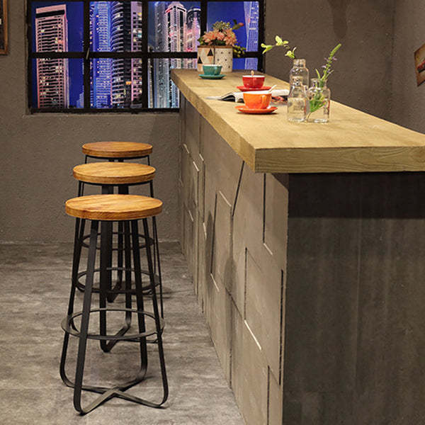 Industrial Wood Iron Round Bar Stool