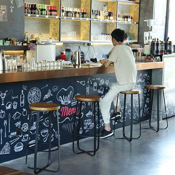 Industrial Wood Iron Round Bar Stool