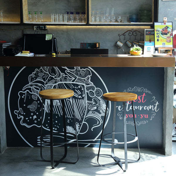 Industrial Wood Iron Round Bar Stool
