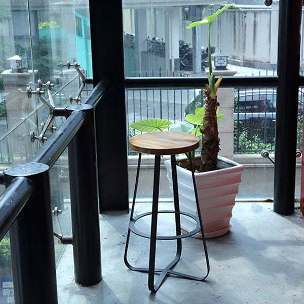 Industrial Wood Iron Round Bar Stool