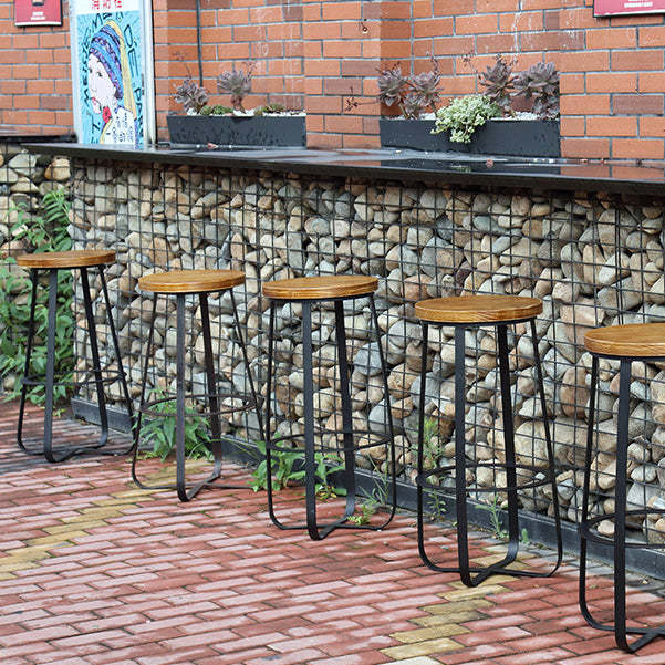 Industrial Wood Iron Round Bar Stool