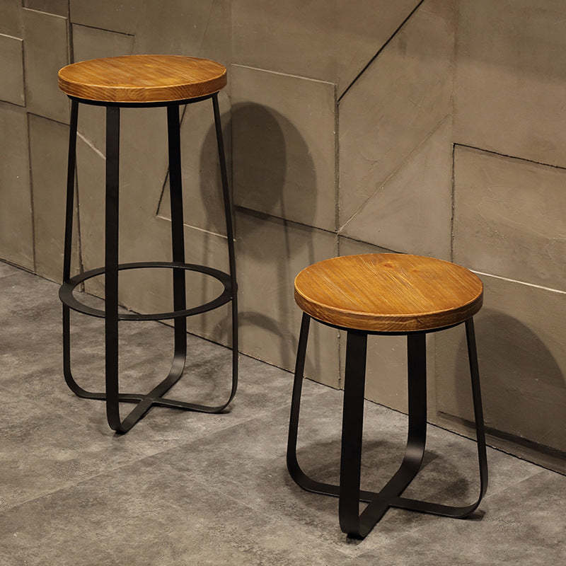 Industrial Wood Iron Round Bar Stool