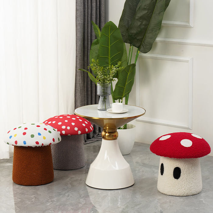 Cream Mushroom Lambswool Wood Vanity Stool — C
