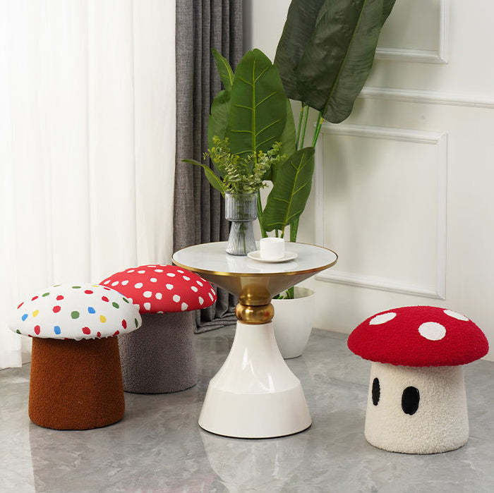 Cream Mushroom Lambswool Wood Vanity Stool — C