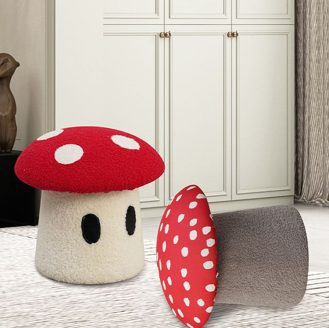 Cream Mushroom Lambswool Wood Vanity Stool — B