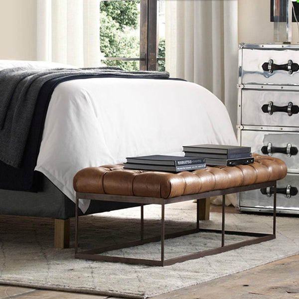 Industrial Tufted Leather Iron Bench