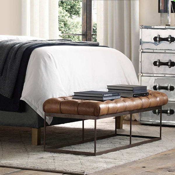 Industrial Tufted Leather Iron Bench
