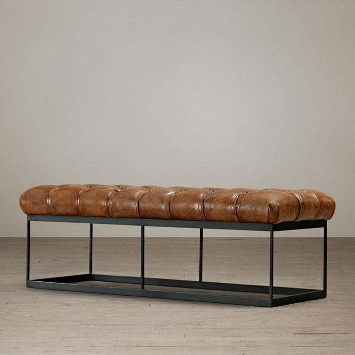 Industrial Tufted Leather Iron Bench