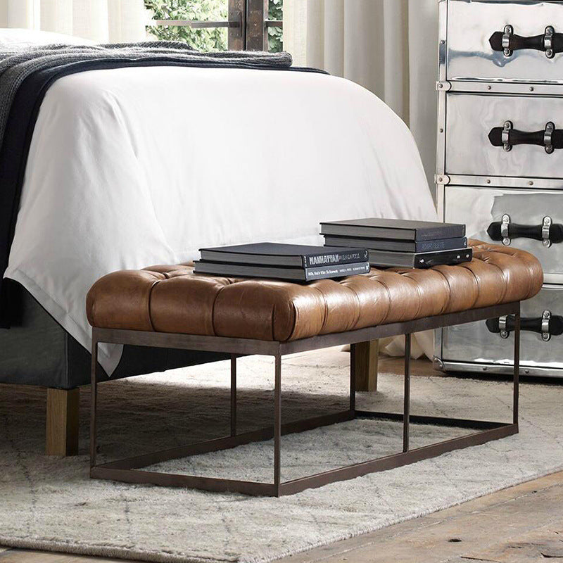 Industrial Tufted Leather Iron Bench