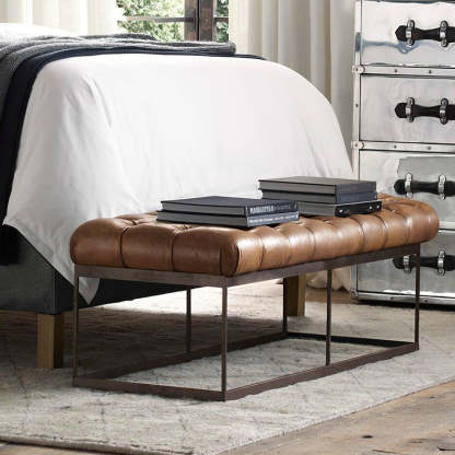 Industrial Tufted Leather Iron Bench