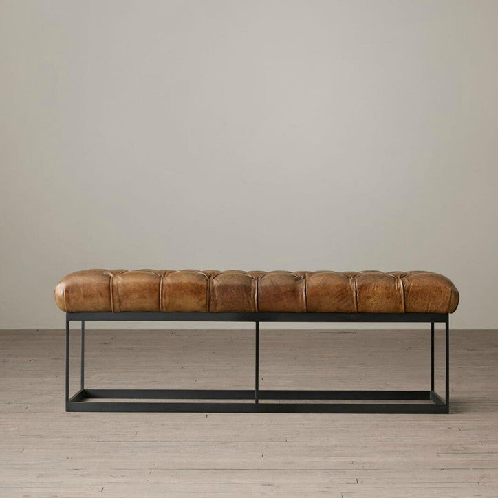 Industrial Tufted Leather Iron Bench