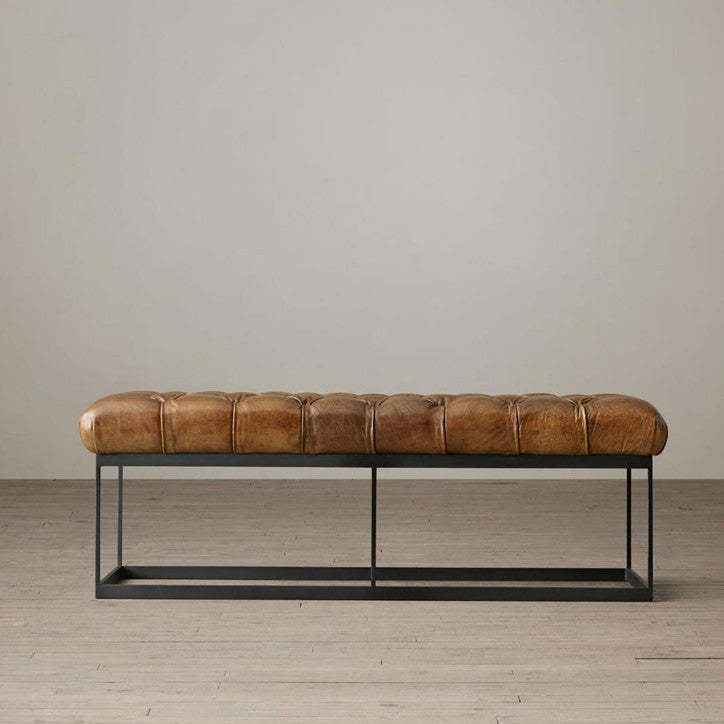Industrial Tufted Leather Iron Bench