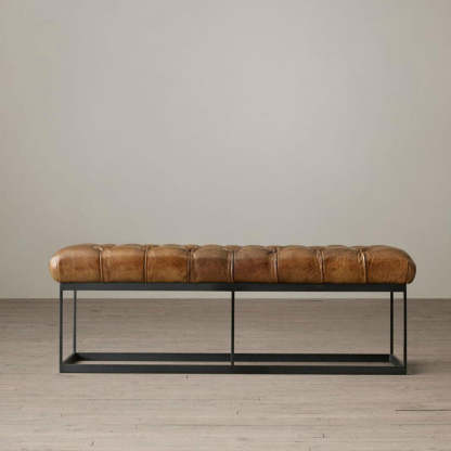 Industrial Tufted Leather Iron Bench