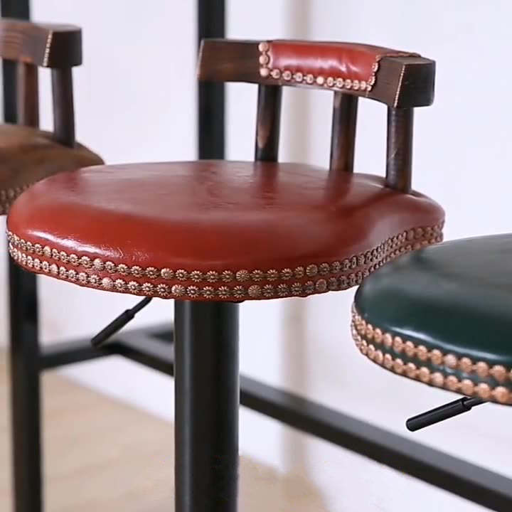 Leather Metal Adjustable Swivel Bar Stool — Dark Green