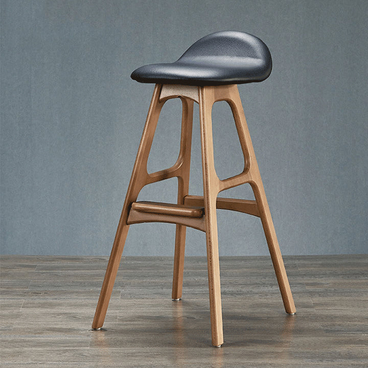 Scandinavian Curved Leather Wood Bar Stool — Black