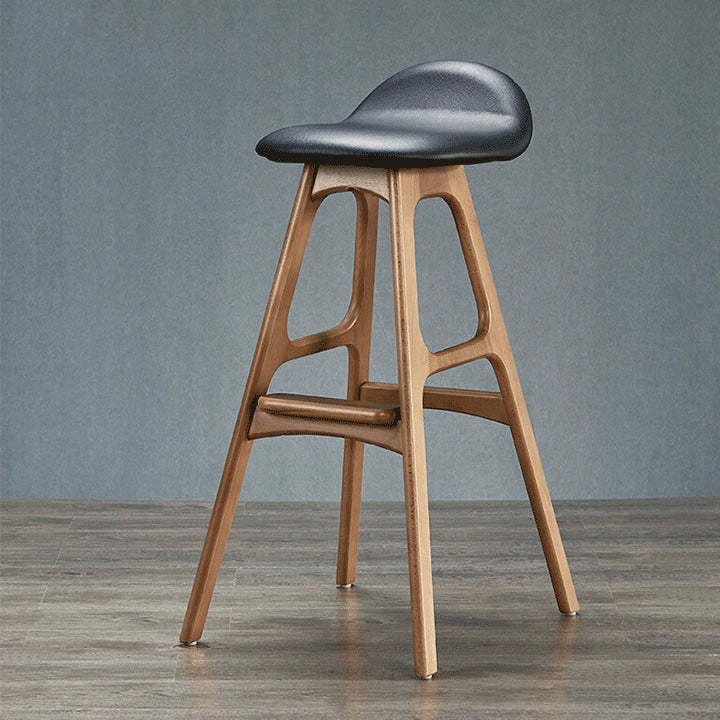 Scandinavian Curved Leather Wood Bar Stool — Black