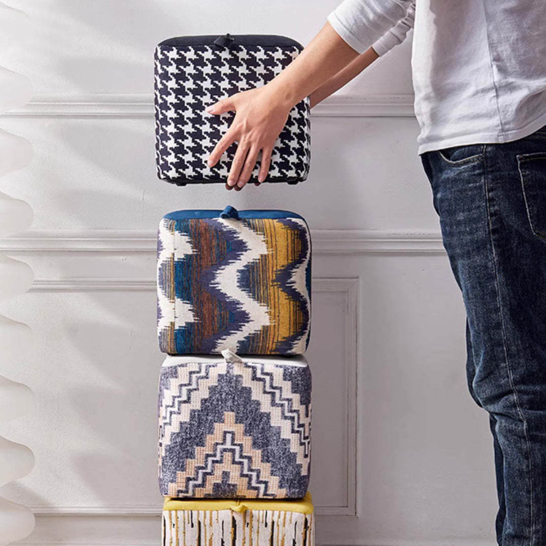 Boho Flannel Cube Wood Stackable Low Stool