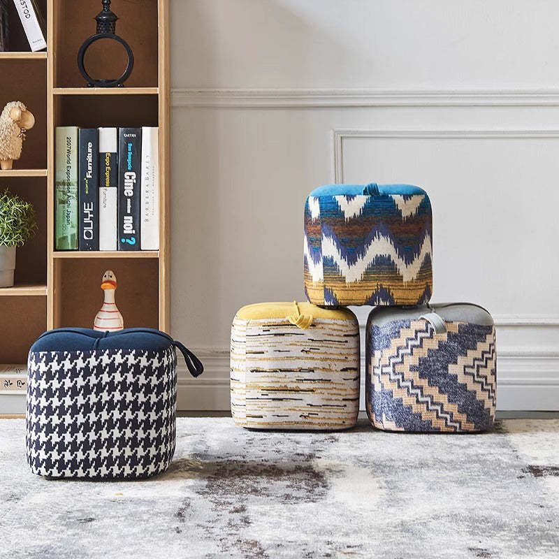 Boho Flannel Cube Wood Stackable Low Stool