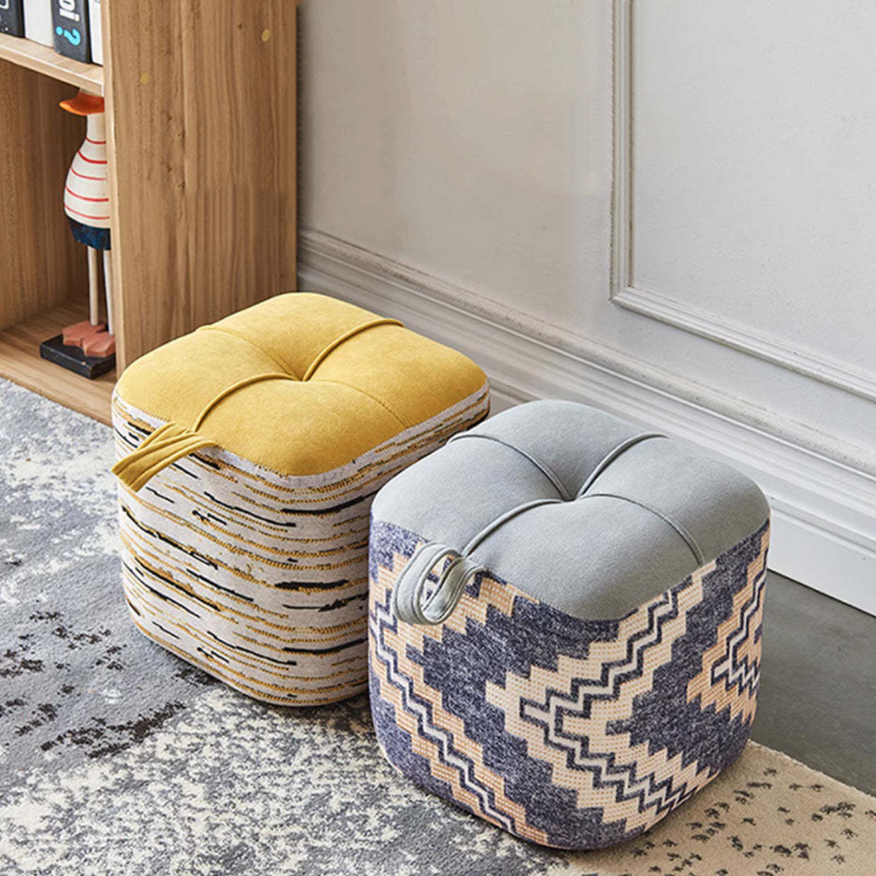Boho Flannel Cube Wood Stackable Low Stool