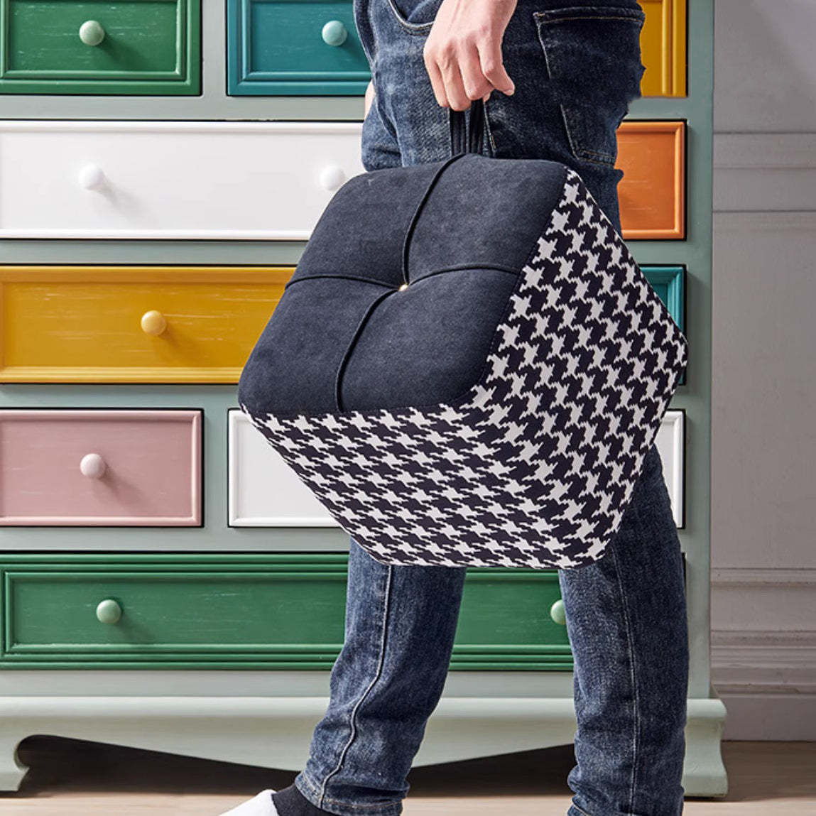 Boho Flannel Cube Wood Stackable Low Stool