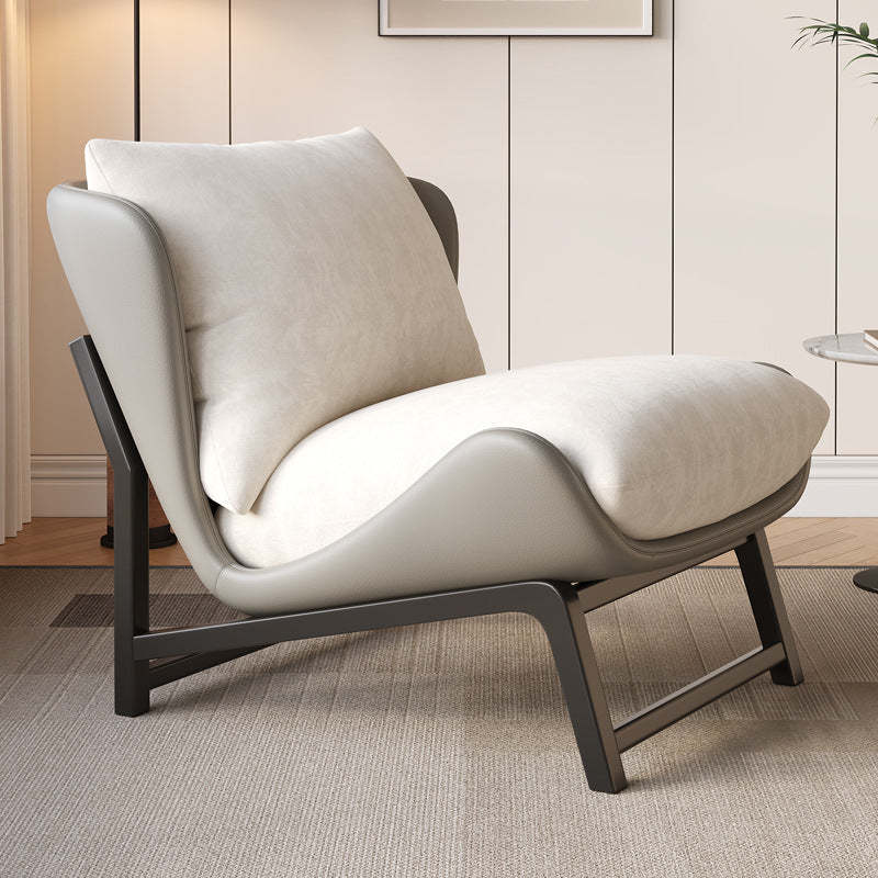 Modern Leather Upholstered Steel Accent Chair — Orange Leather + Beige Velvet