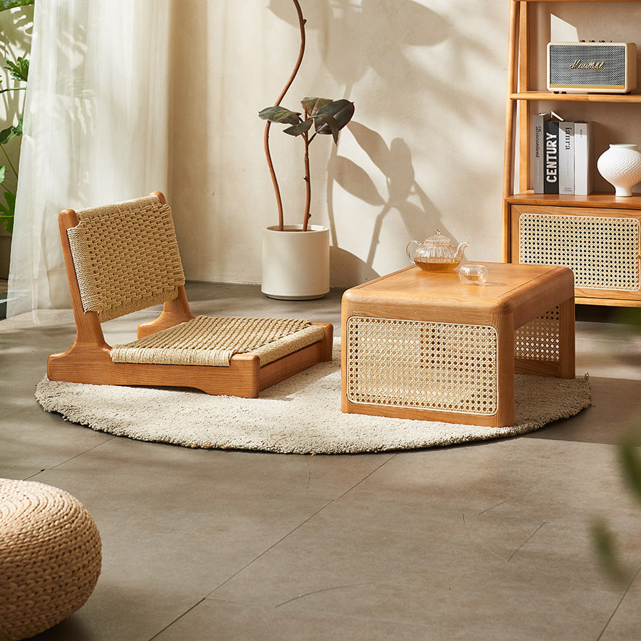 Japanese Tatami Braided Rope Wood Lounge Chair