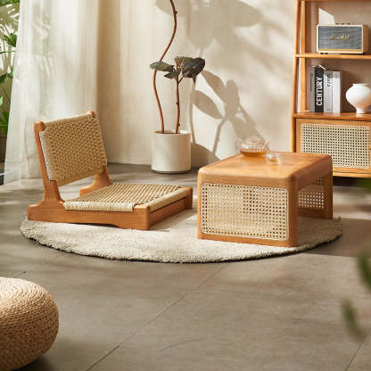 Japanese Tatami Braided Rope Wood Lounge Chair