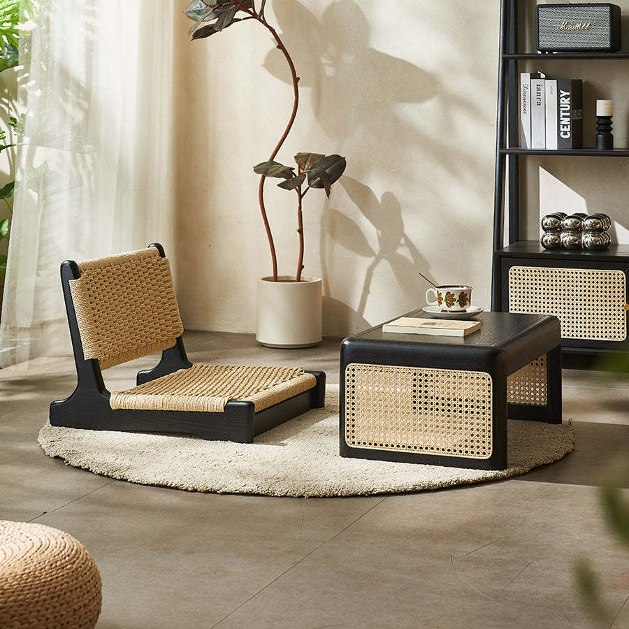 Japanese Tatami Braided Rope Wood Lounge Chair — Black