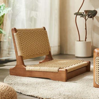Japanese Tatami Braided Rope Wood Lounge Chair — Walnut Wood Color