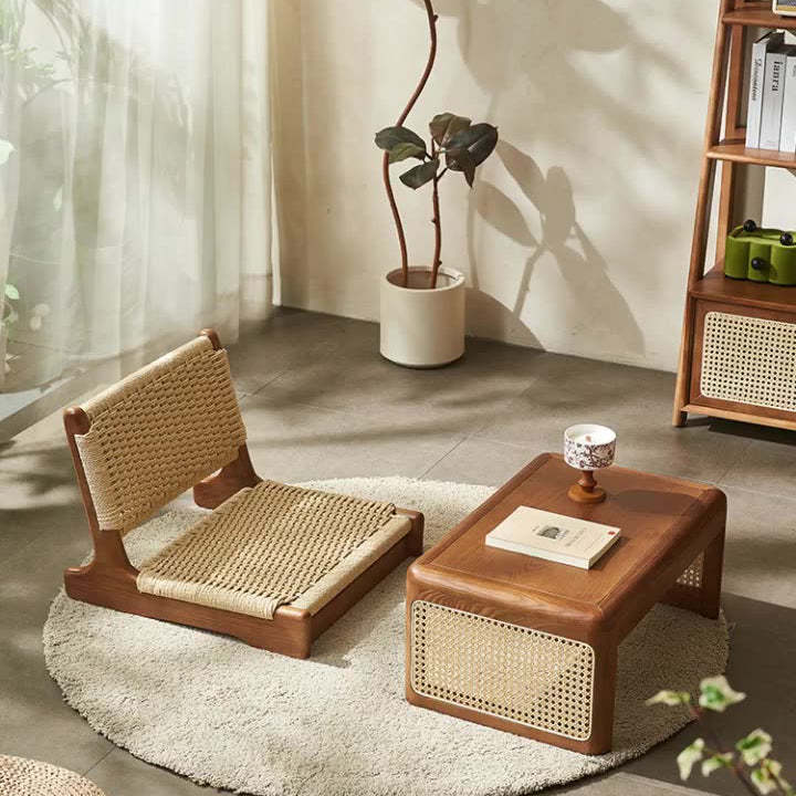Japanese Tatami Braided Rope Wood Lounge Chair