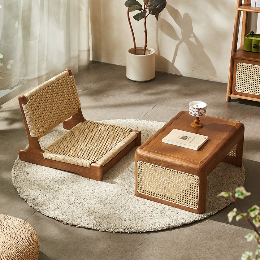 Japanese Tatami Braided Rope Wood Lounge Chair — Cherry Wood Color
