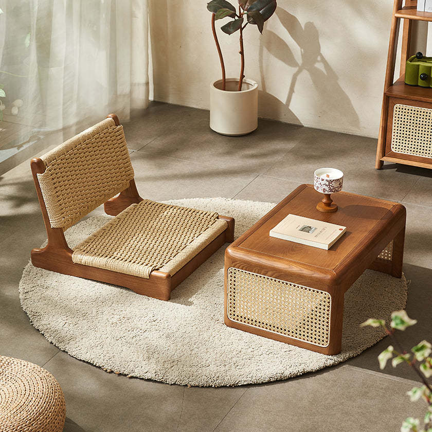 Japanese Tatami Braided Rope Wood Lounge Chair — Cherry Wood Color