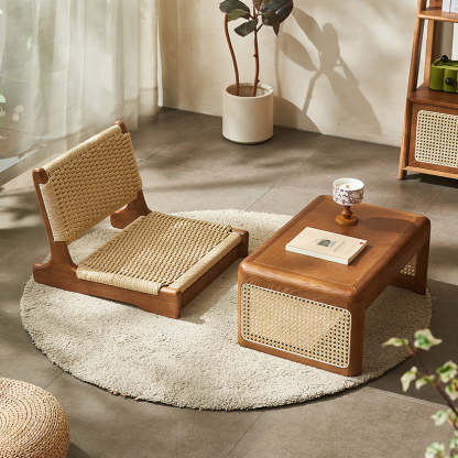 Japanese Tatami Braided Rope Wood Lounge Chair — Cherry Wood Color